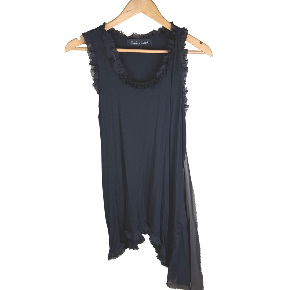 Carolina Benoit Black Ruffle Asymmetrical Sheer Overlay Mini Dress Womens Small